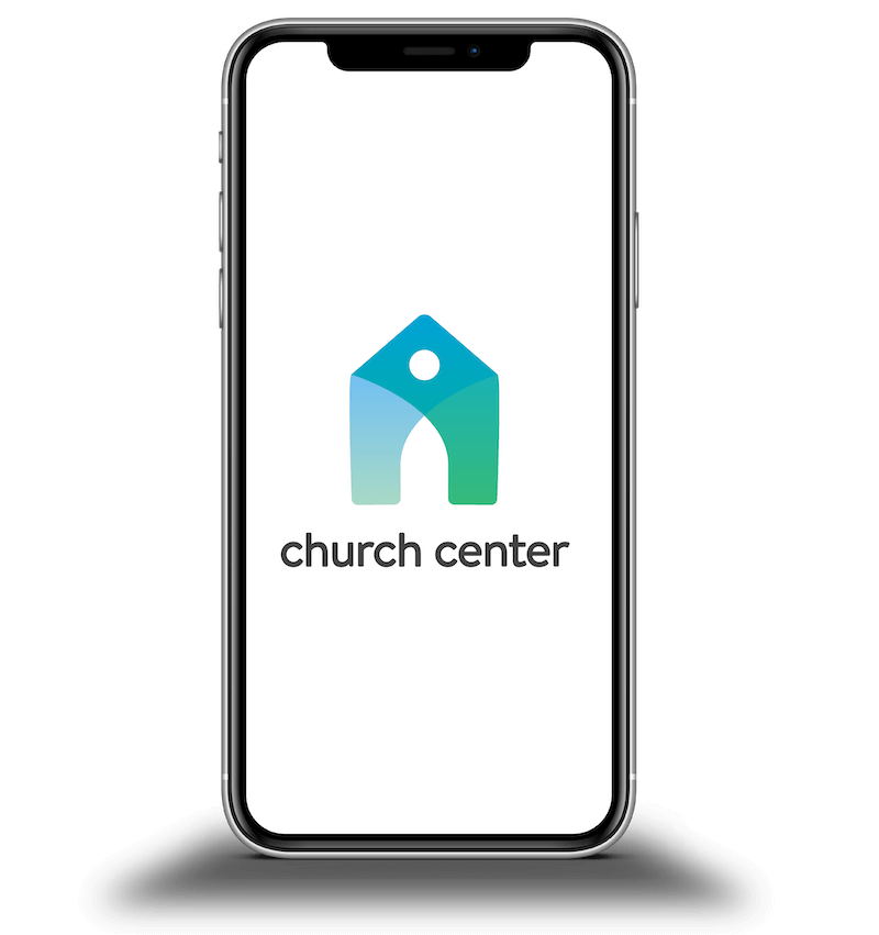 Smartphone displaying a logo of a stylized church figure in blue and green tones with the text 'church center' underneath.