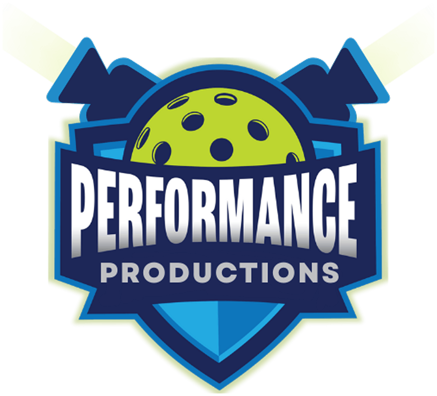 Logo of Performance Productions featuring a shield, a lime green volleyball with black holes, and crossed yellow and black baseball bats.