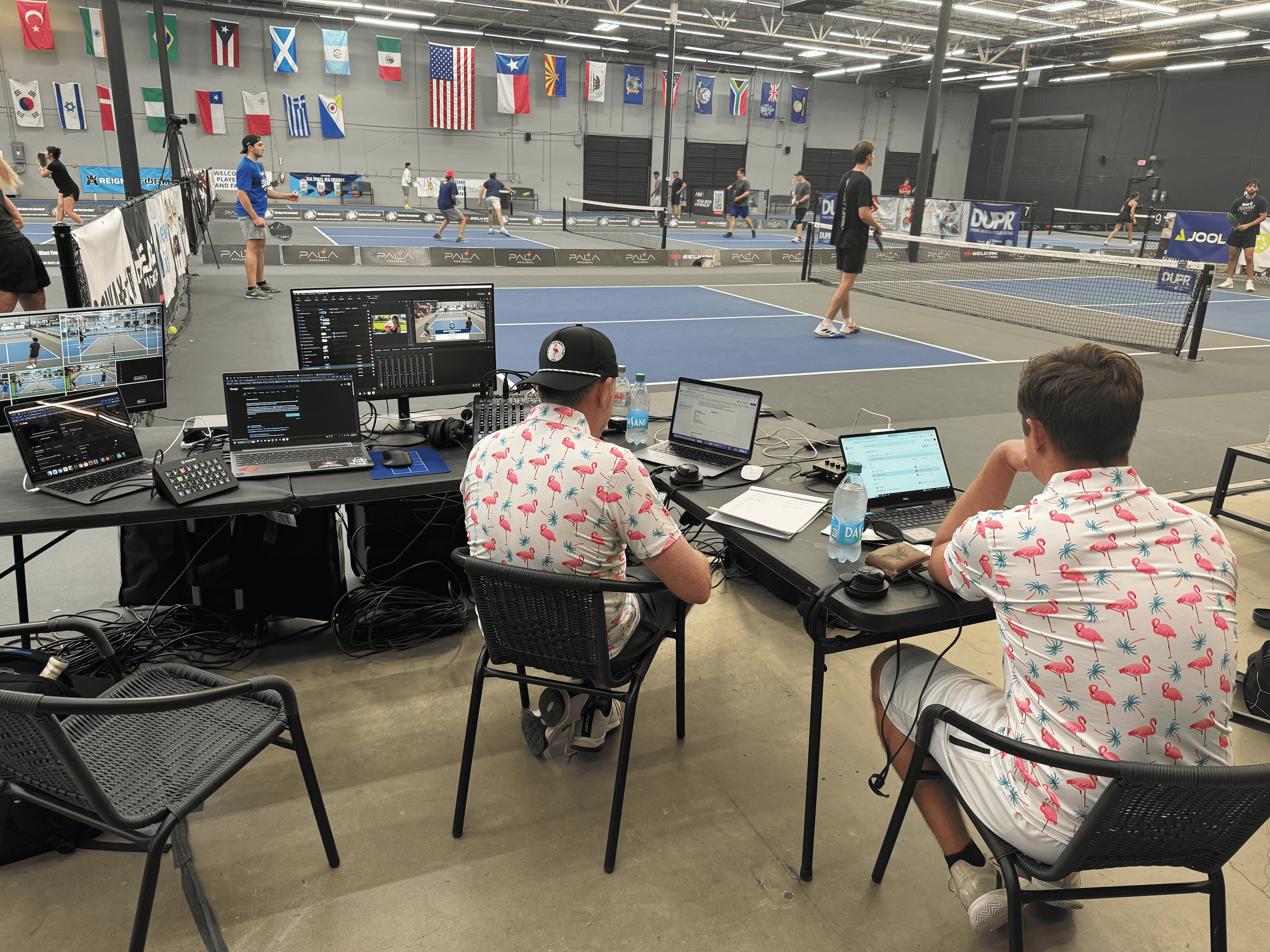 Performance Productions production team operating live stream equipment at a multi-court pickleball event