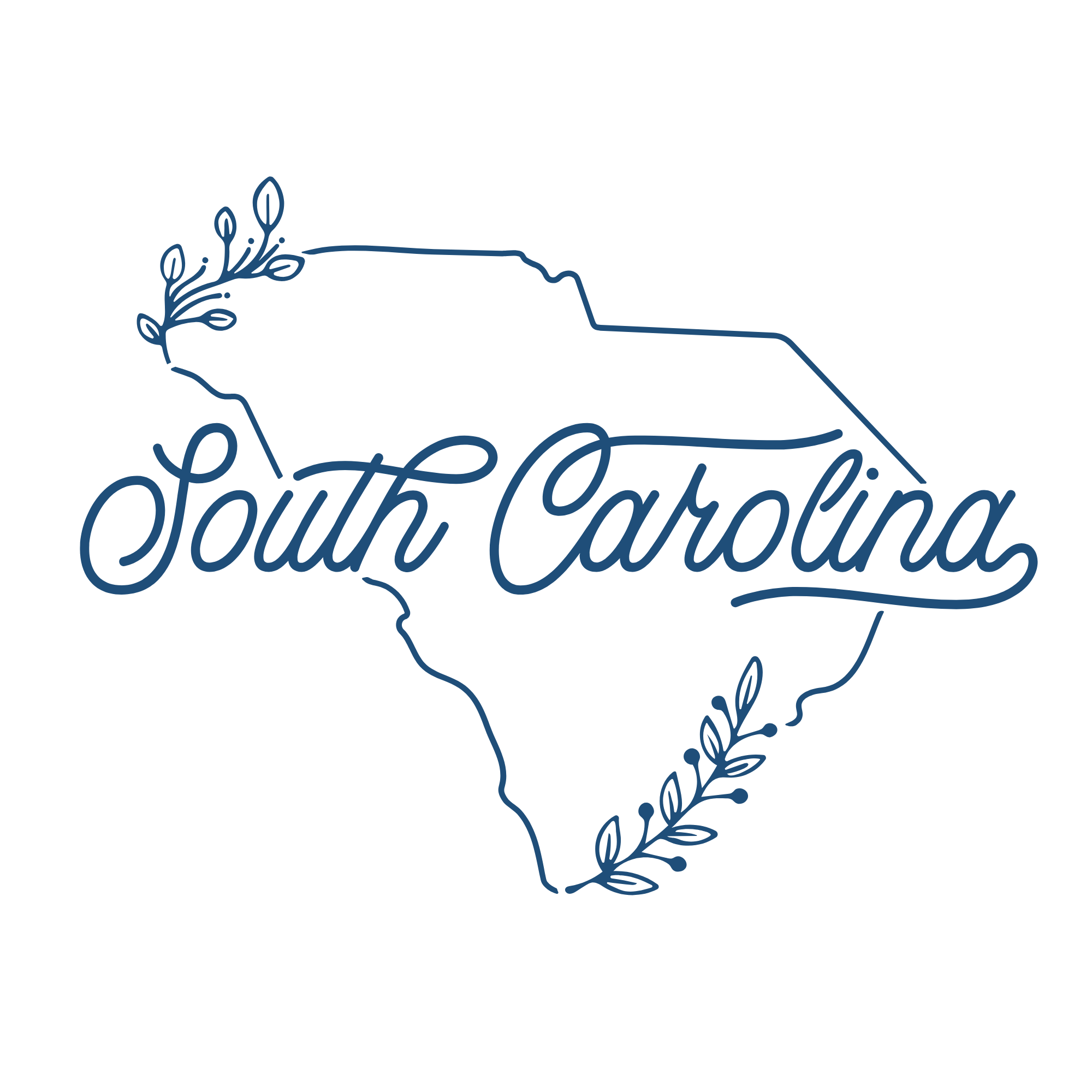 Outline of the state of South Carolina with the words 'South Carolina' written across it in cursive, decorated with small leaves at top left and bottom right of the outline.