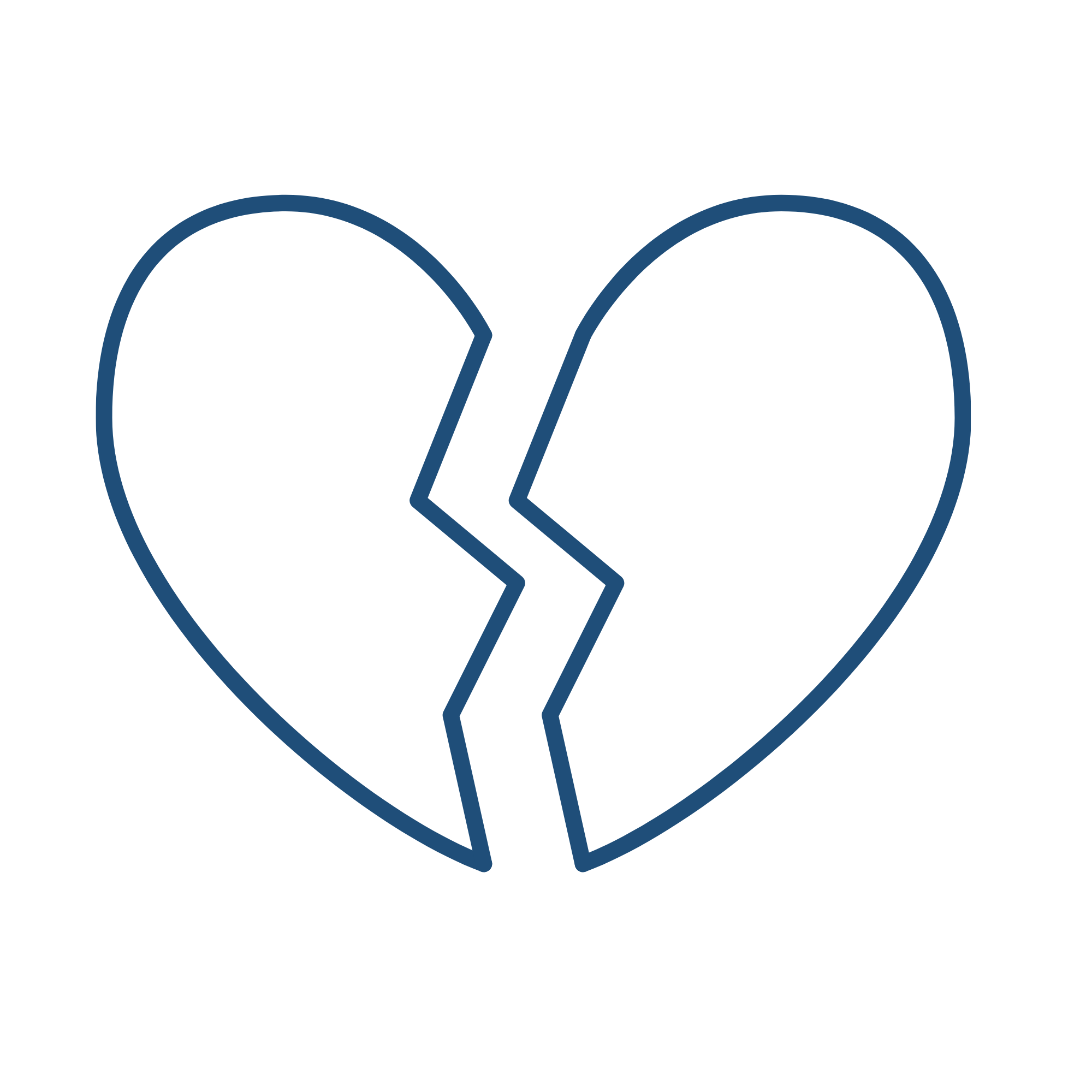 Illustration of a broken heart, half in outline with a zigzag crack dividing it.