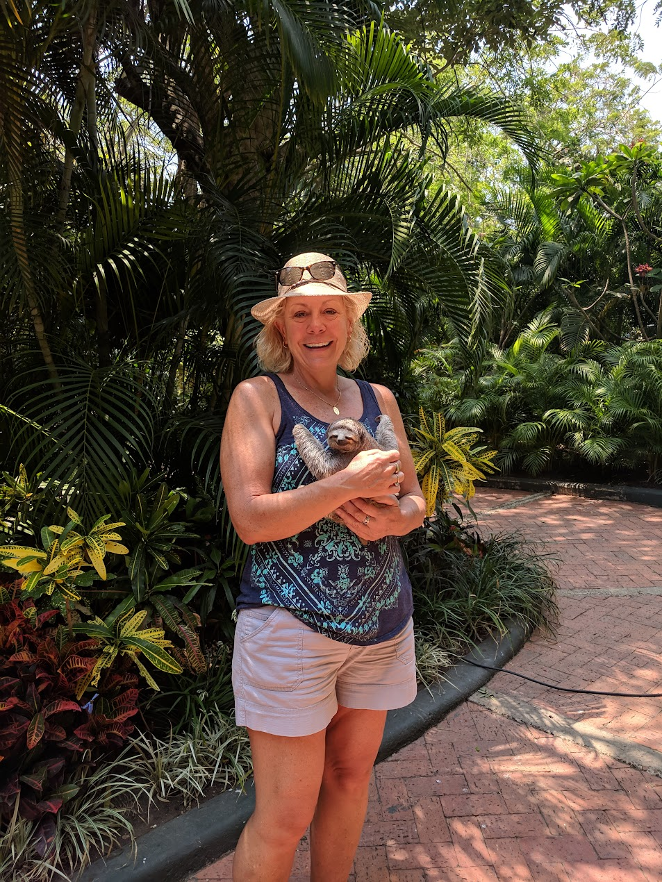 A smiling woman holding a sloth in a lush, tropical garden with dense green foliage and sunlight filtering through trees.