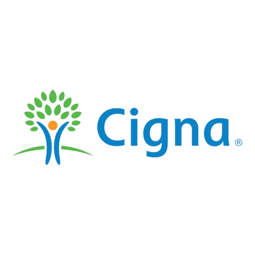Cigna logo with a tree featuring green leaves and a person-like figure in orange and purple.
