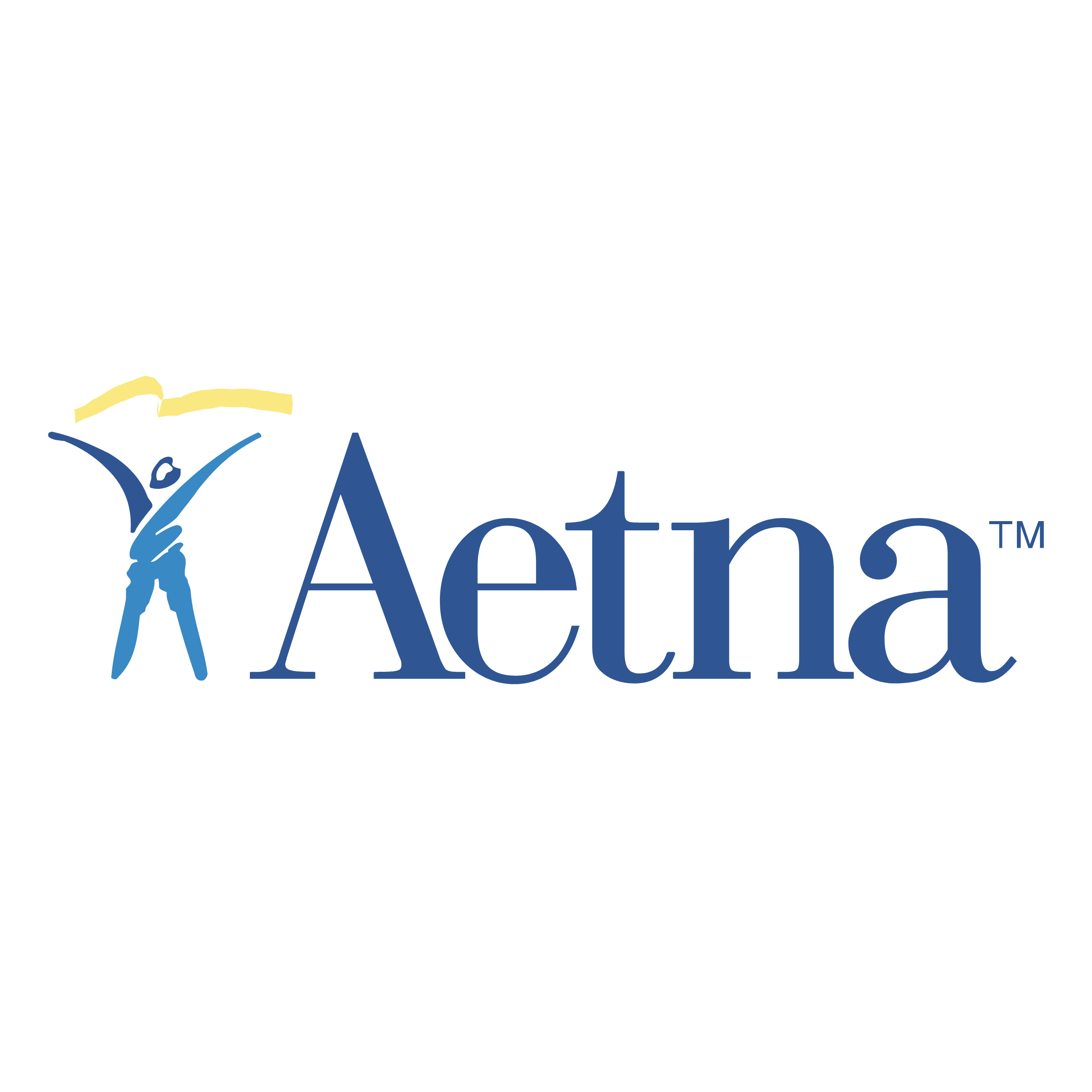 Logo for Aetna featuring a stylized figure holding a yellow book and the word 'Aetna' in blue text.