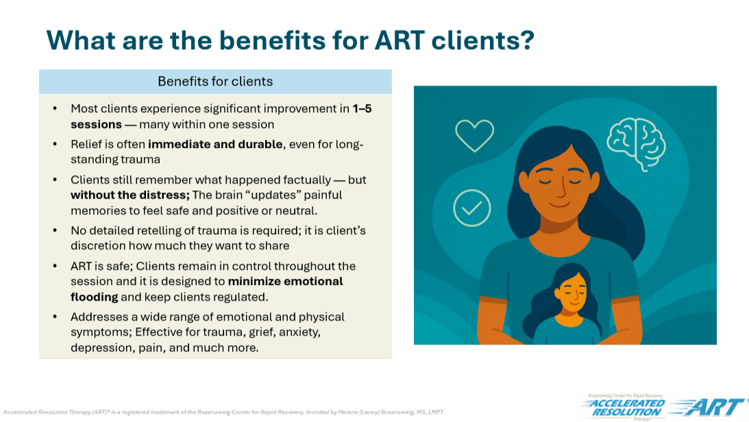 Slide titled 'What are the benefits for ART clients?' with bullet points listing ART benefits, and an illustration of a woman with closed eyes, surrounded by heart and brain icons, and a small woman figure inside her chest.