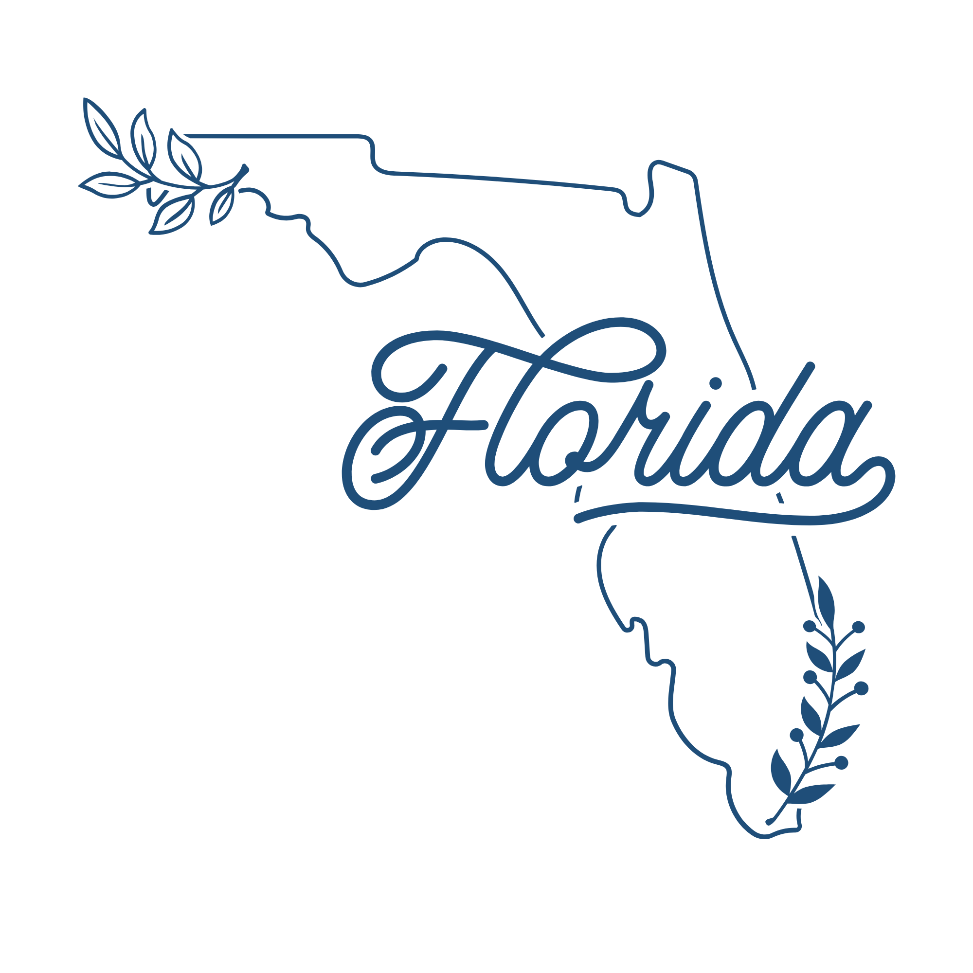 Outline of the state of Florida with the word 'Florida' written across it, decorated with two leafy branches, one on the top left and one on the bottom right.