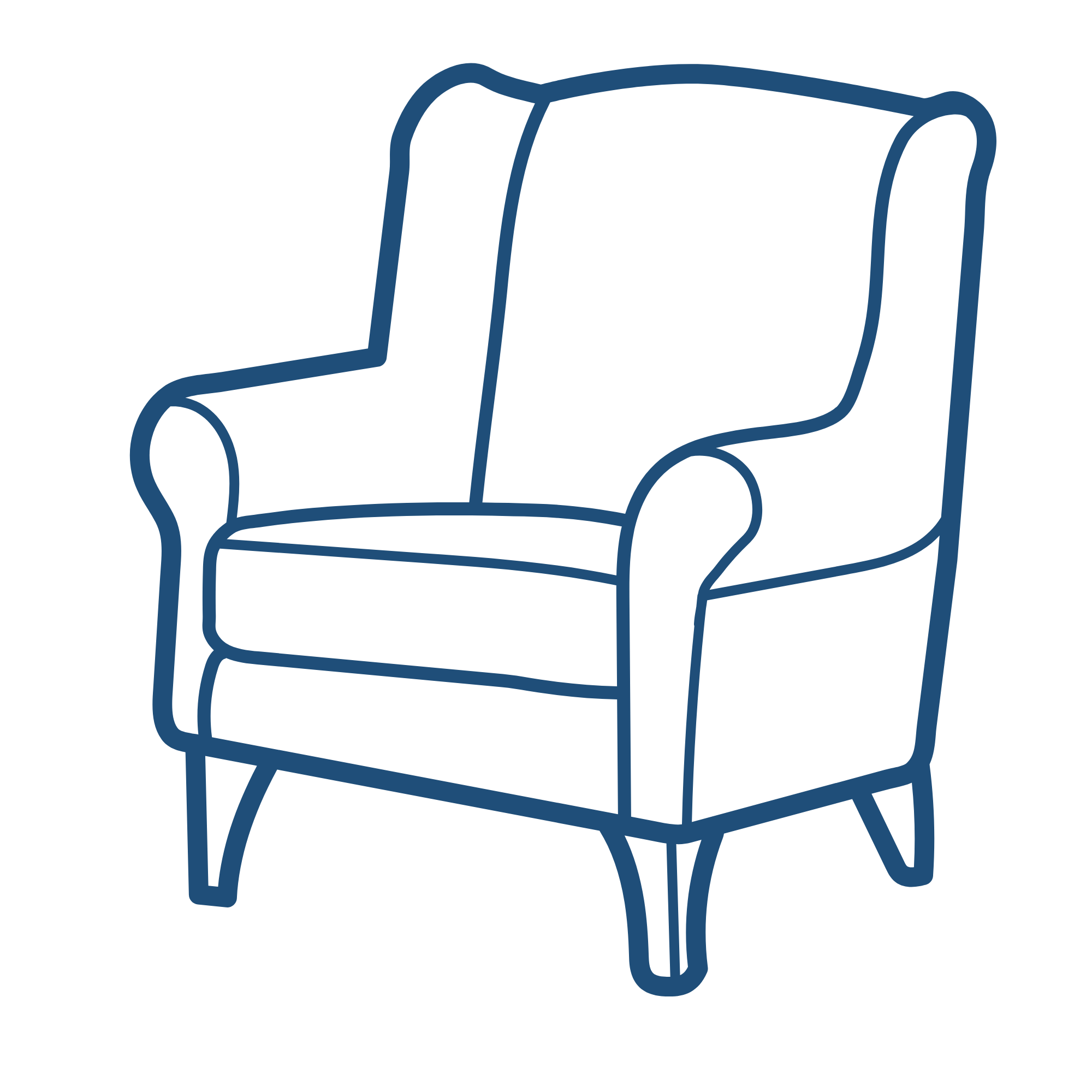 Line drawing of an armchair with wooden legs and cushioned back and seat.