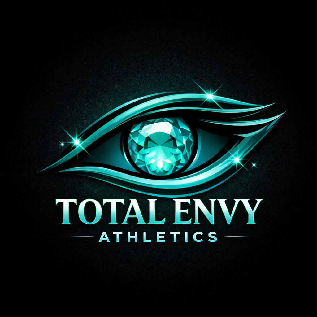 Logo of Total Envy Athletics featuring a stylized eye with a diamond in the center, glowing with teal and black colors.