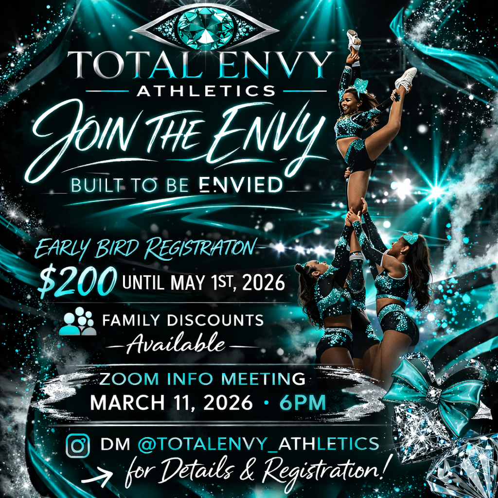 Cheerleading team performing a stunt against a backdrop with event information for Total Envy Athletics, promoting early bird registration, a Zoom info meeting on March 11, 2026 at 6 PM, with details for registration via Instagram.