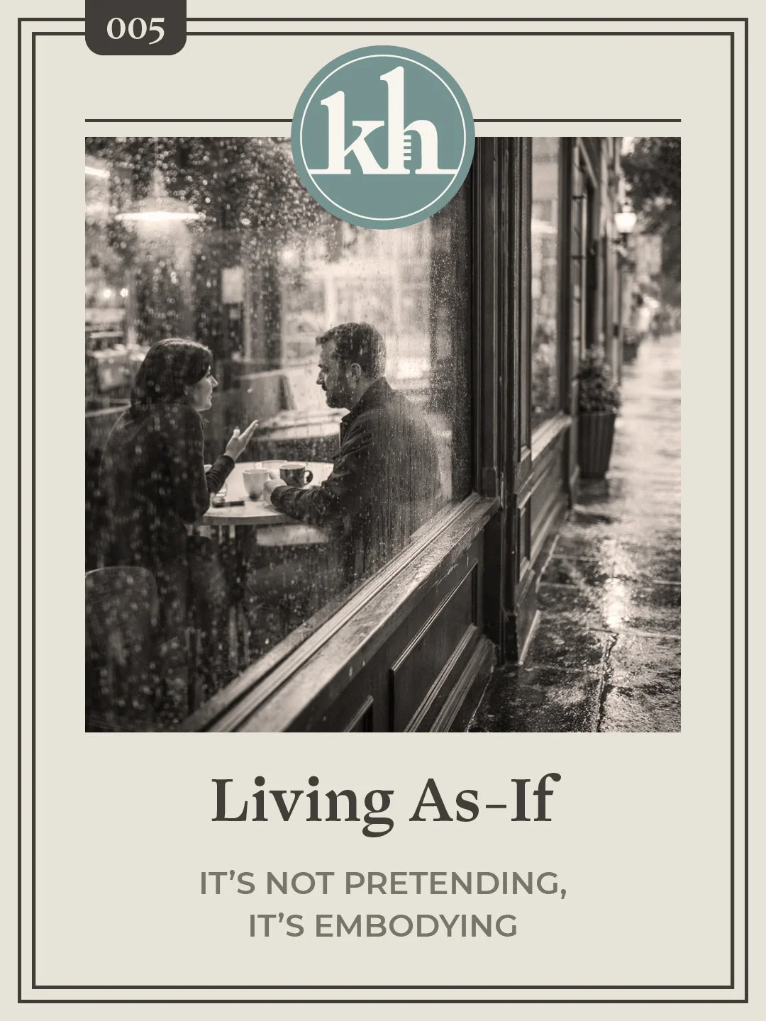 Image of rainy coffee shop window with a man and woman sitting inside in deep conversation..