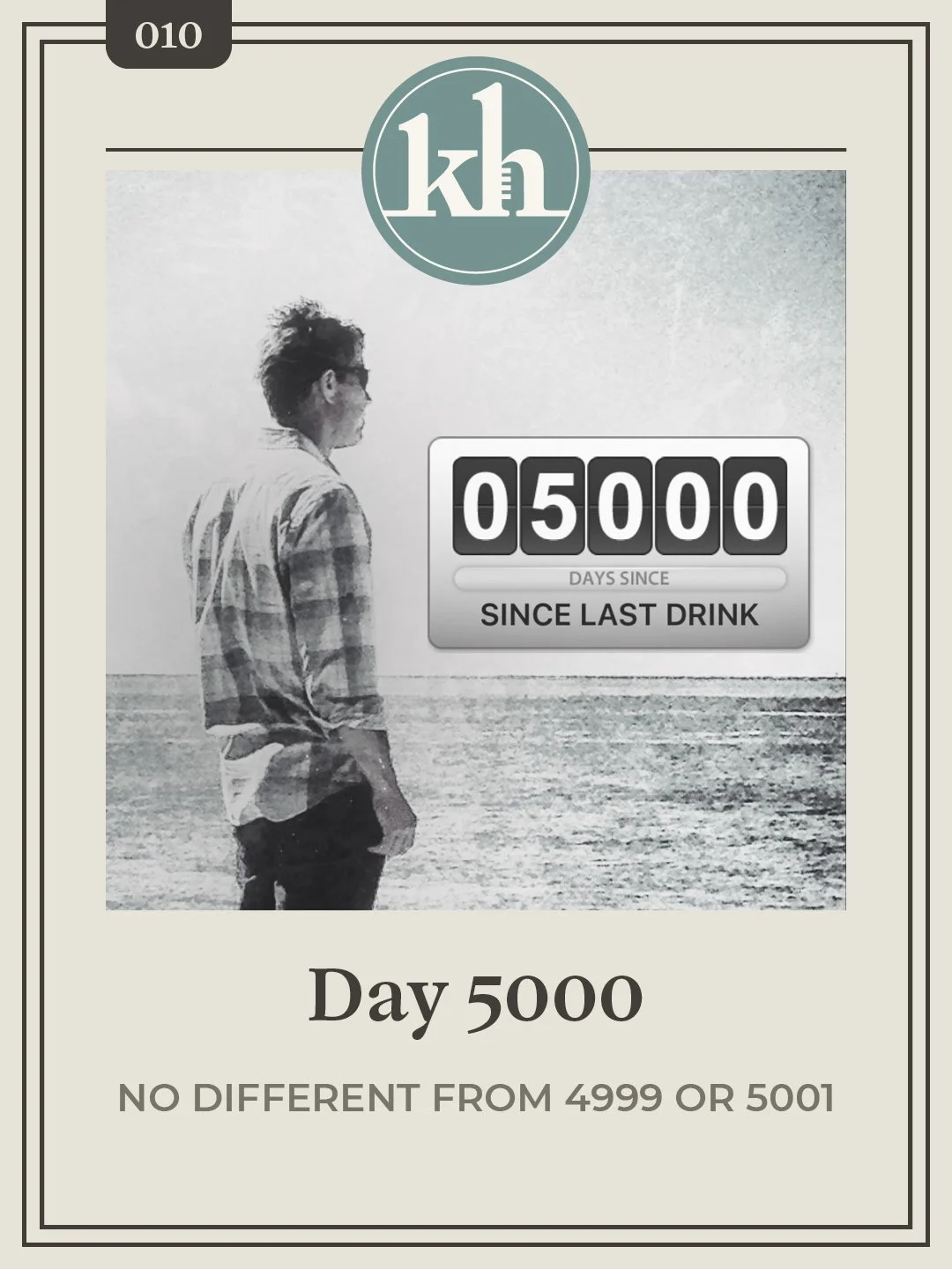 Warm-toned tan cover card for Article 010 of Kevin Holliday's blog series, titled Day 5000, with the subtitle No different from 4999 or 5001.