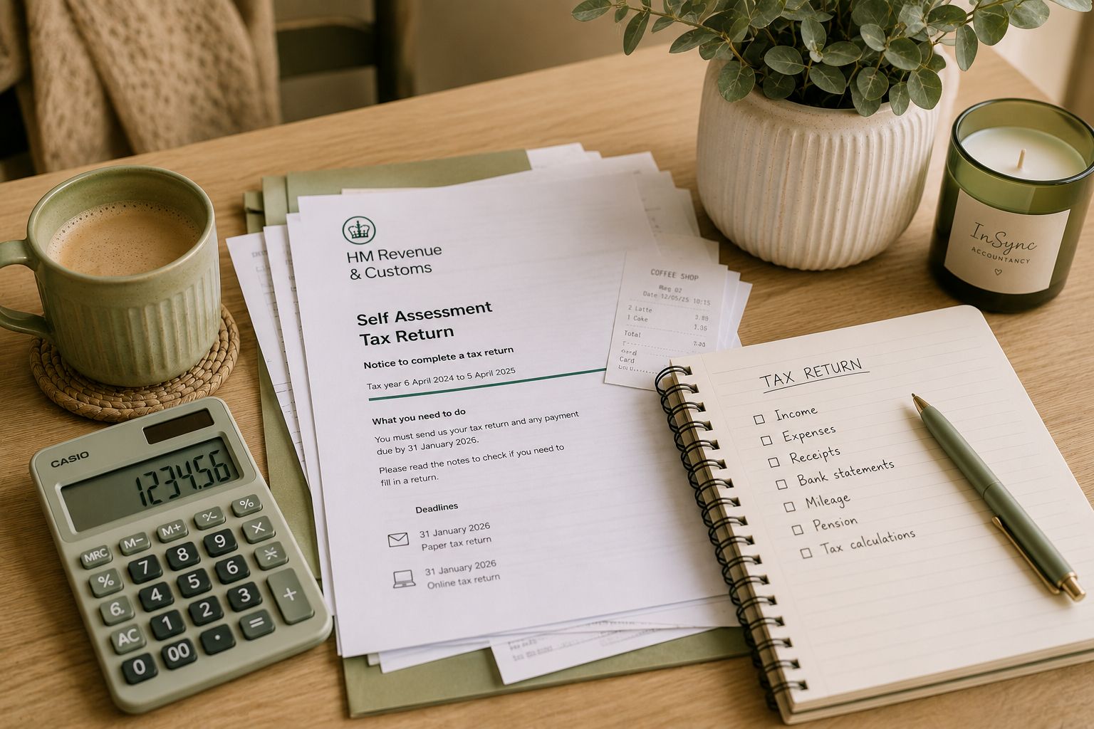 Tax documents, a calculator, a cup of coffee, a notebook with a checklist for taxes, a candle, and a houseplant on a wooden desk.