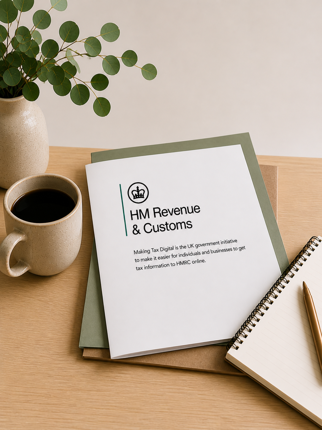 A desk with a potted plant, a cup of coffee, a binder labeled 'HM Revenue & Customs', a notebook, and a pen.
