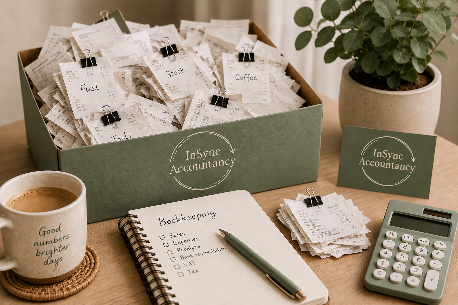 Organised workspace with receipts labeled for fuel, stock, coffee, and tools in a shoebox with InSync Accountany logo, a cup of coffee, a notebook with bookkeeping checklist, a pen, a calculator, and a potted plant on a wooden desk.