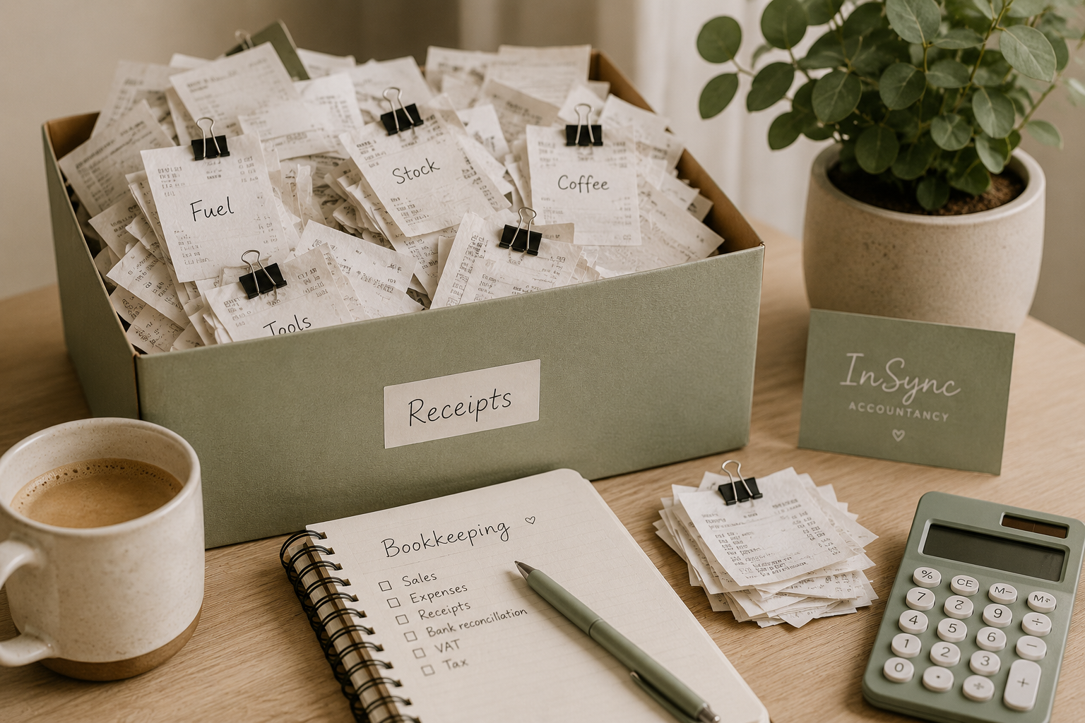 A desk with a box labeled ‘Receipts’ filled with crumpled receipt papers, some labeled with categories like Fuel, Coffee, Stock, and Tools. There is a cup of coffee, a notebook titled ‘Bookkeeping’ with a checklist, a gray calculator, and a potted plant. A card with ‘InSync Accountancy’ is also on the desk.