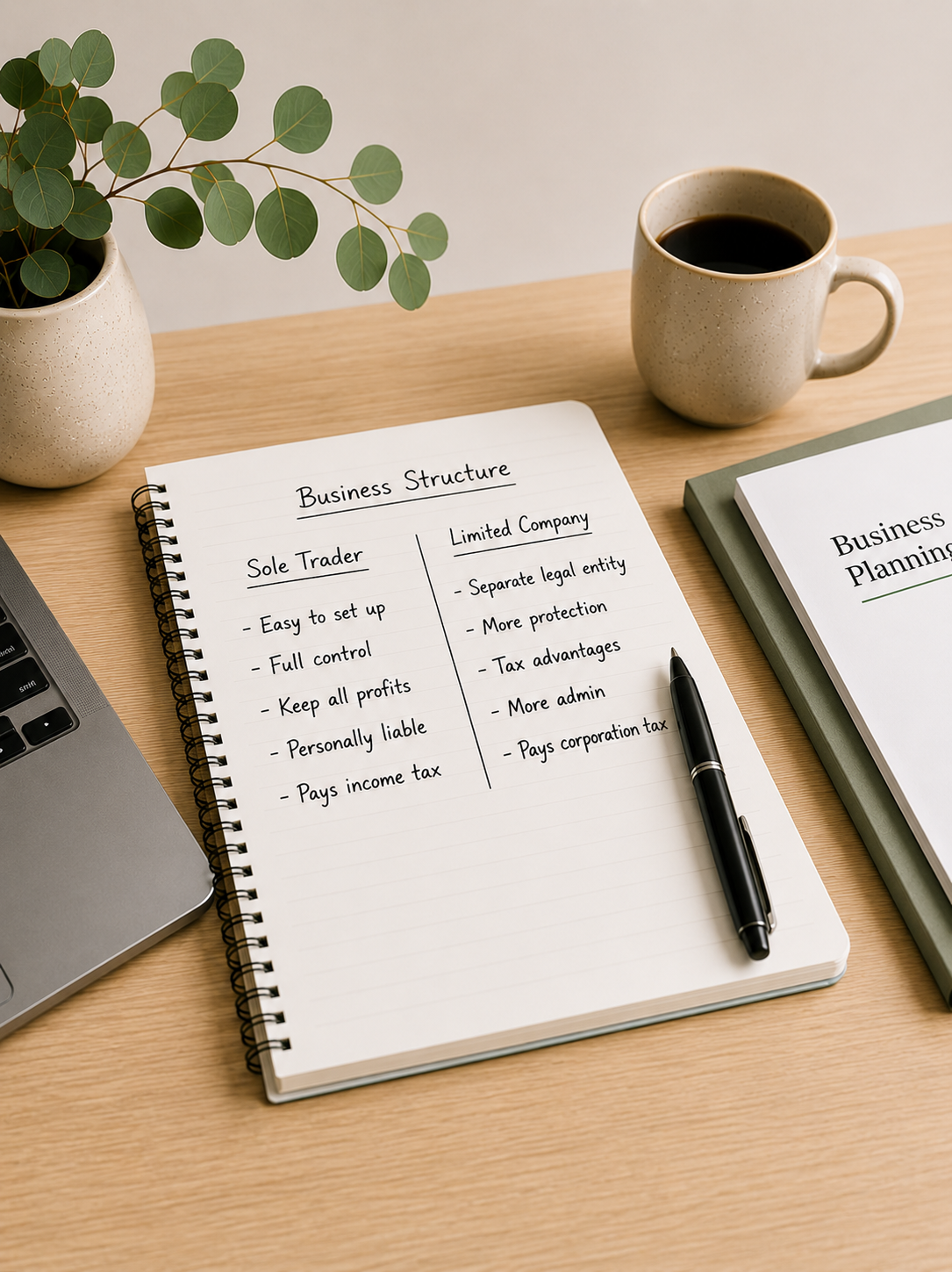 Notebook with notes on business structure options, a coffee mug, a potted plant, a closed book, and part of a laptop on a wooden desk.
