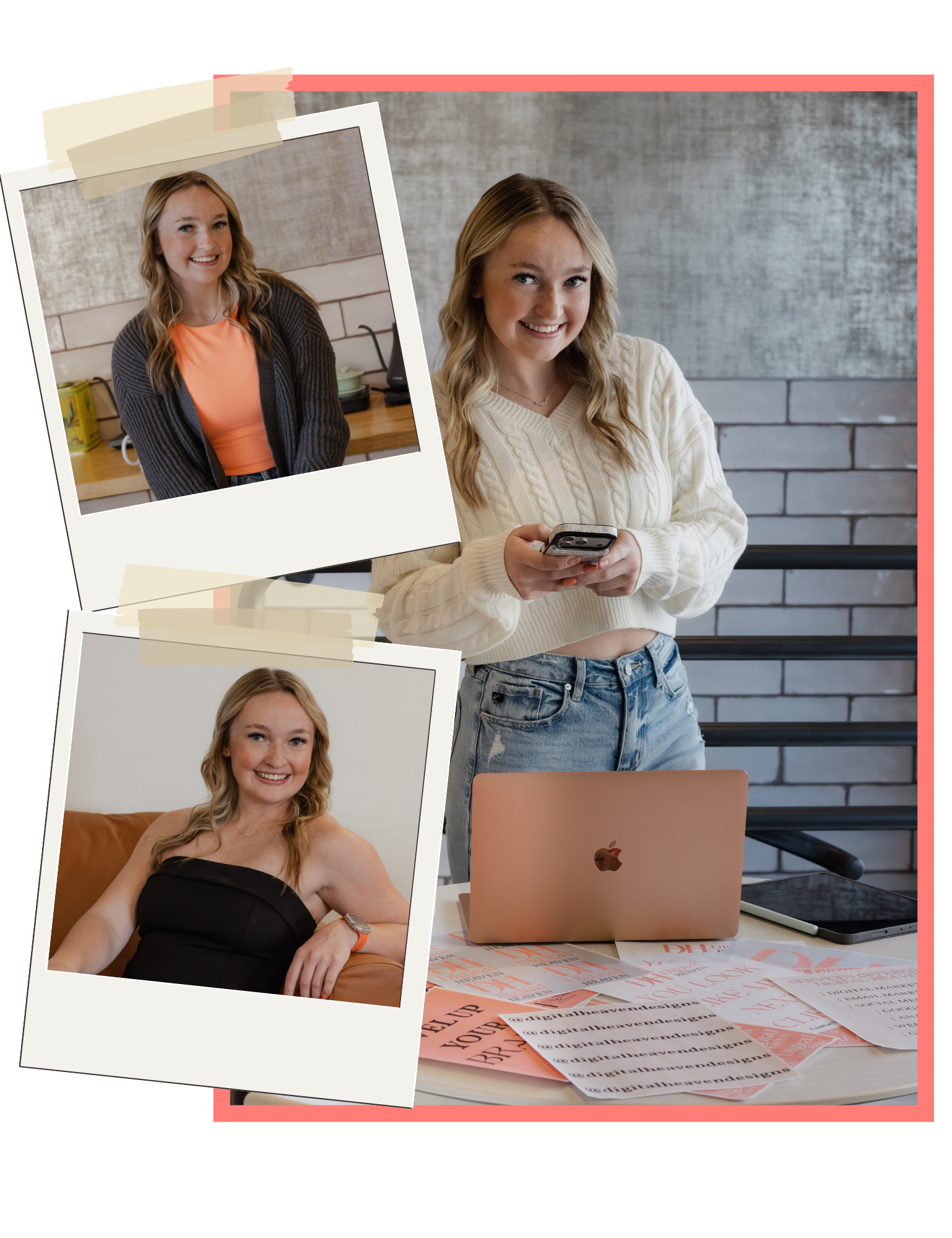 Nevaeh owner of Digital Heaven wearing a cream cable-knit sweater and blue jeans, smiling and holding a smartphone, standing in a modern room with a gray brick wall and a desk with a MacBook and papers.