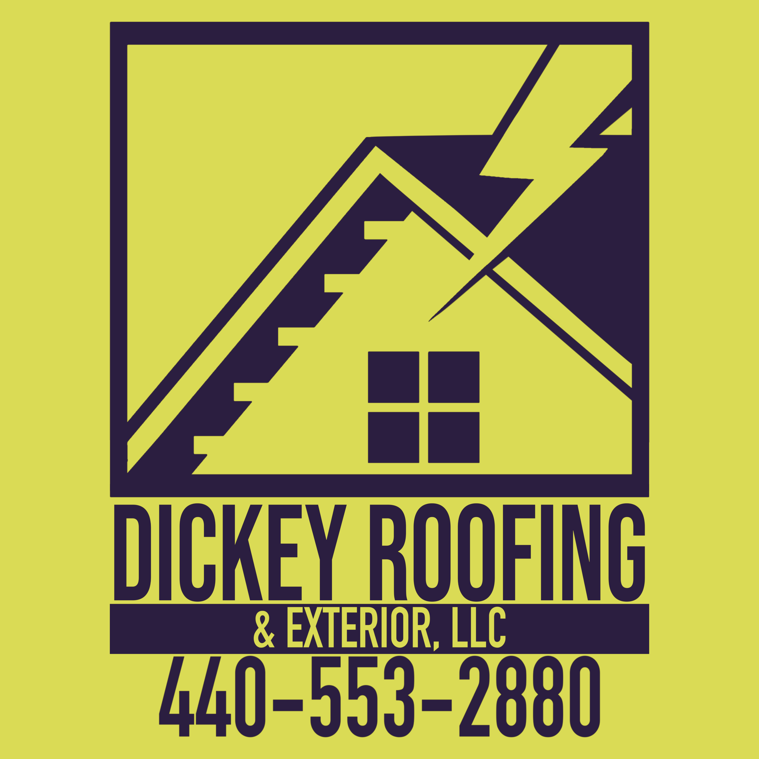 Logo for Dickey Roofing & Exterior, LLC, featuring a house with a pitched roof, a window, and stormy weather with lightning, on a yellow background, with the company name and phone number below.