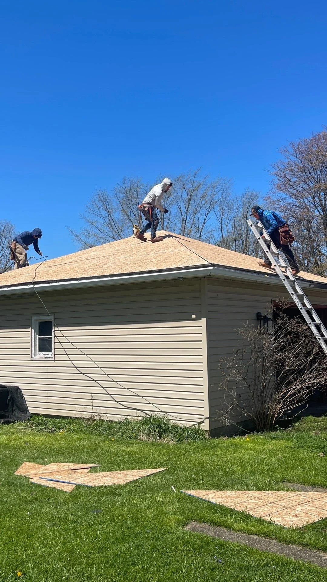 Three workers on a house roof replacing or repairing the shingles during the daytime. One worker is on a ladder, while the other two are on the roof. The house has beige siding and a small window. There are roofing materials and shingles on the ground grass.