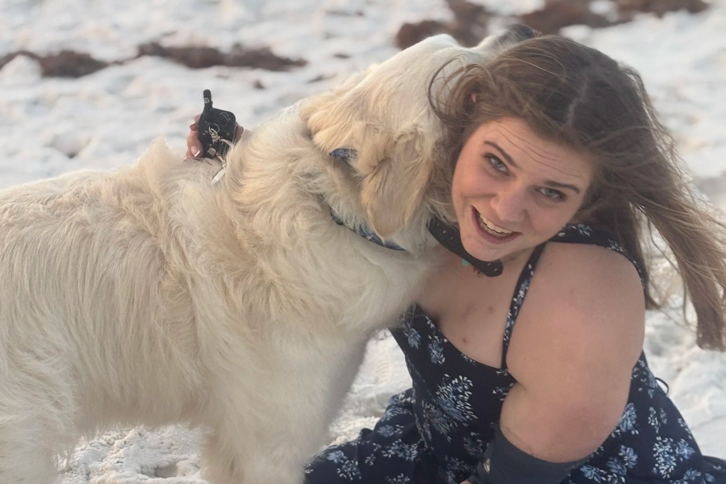 A woman with long, brown hair smiling and playing in the snow with a large, cream-colored retriever dog.