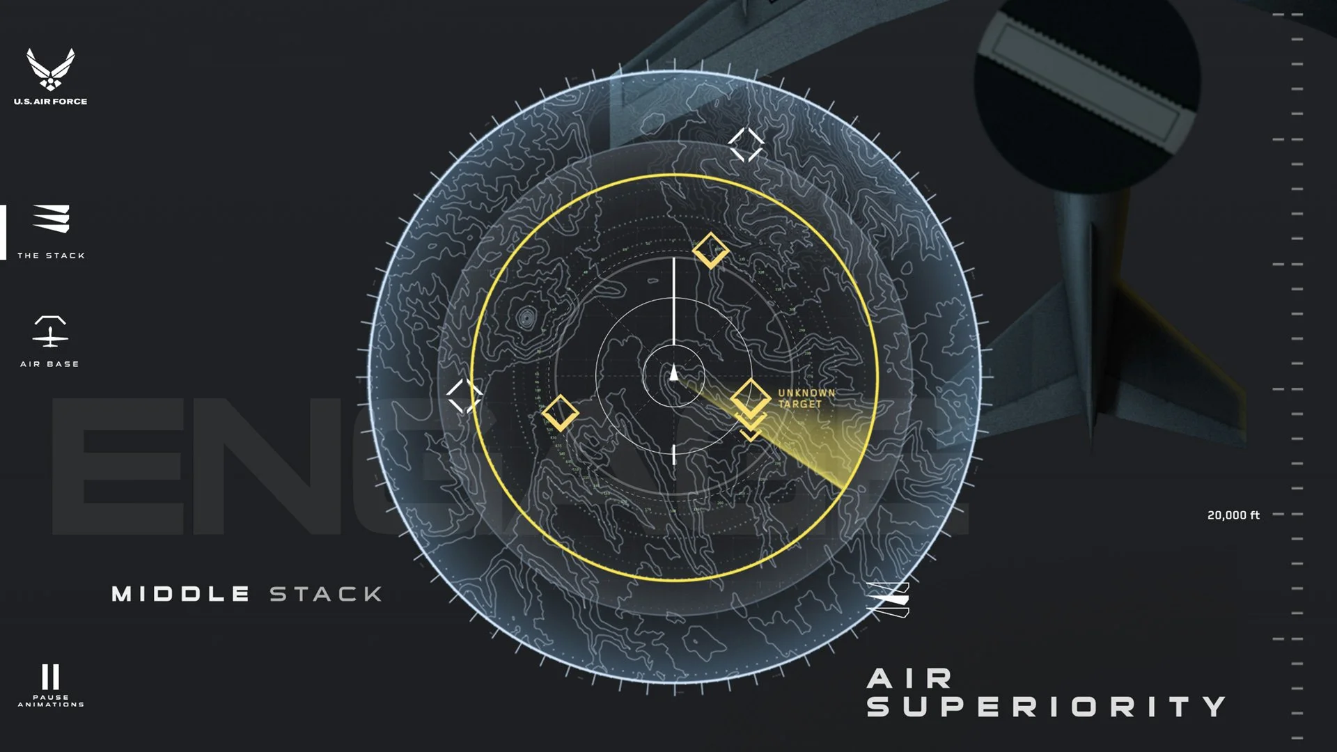 Command the Stack tactical mission interface showing radar-style air superiority map and aircraft positioning