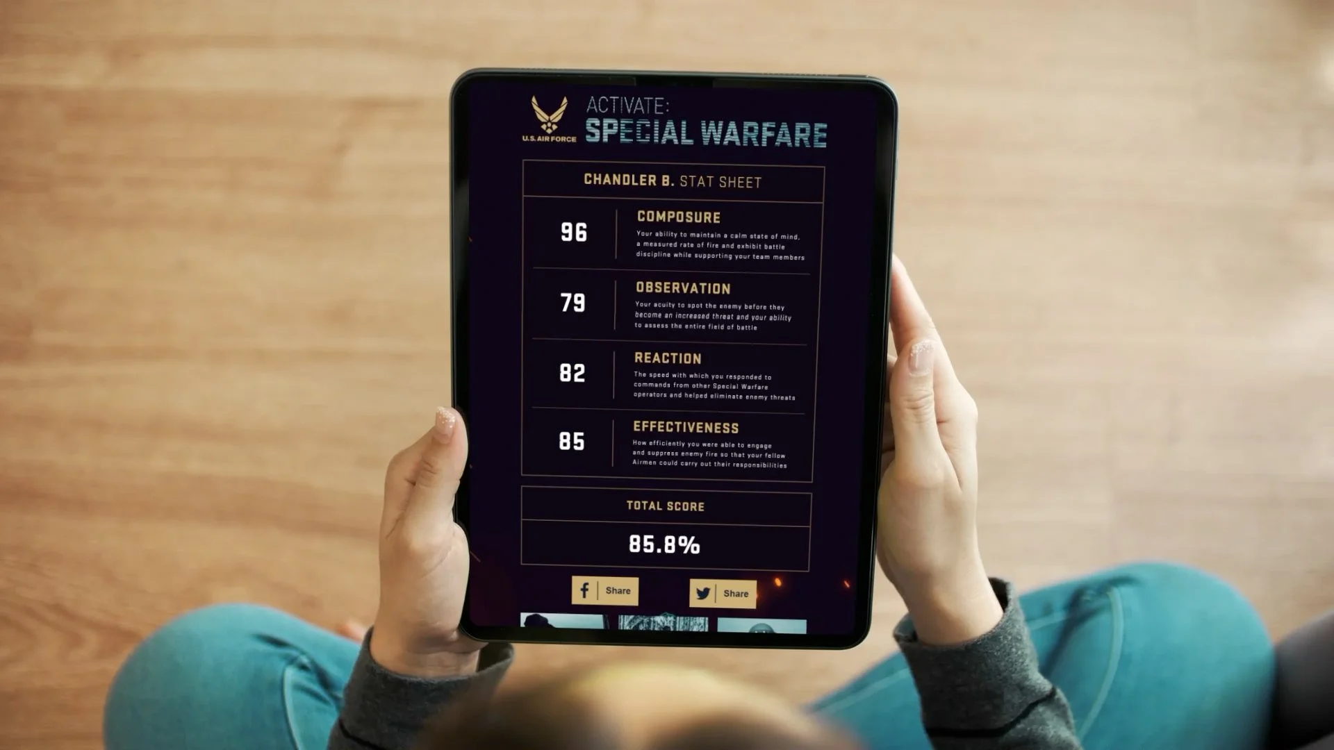 Tablet displaying performance results from the U.S. Air Force Activate: Special Warfare virtual reality experience