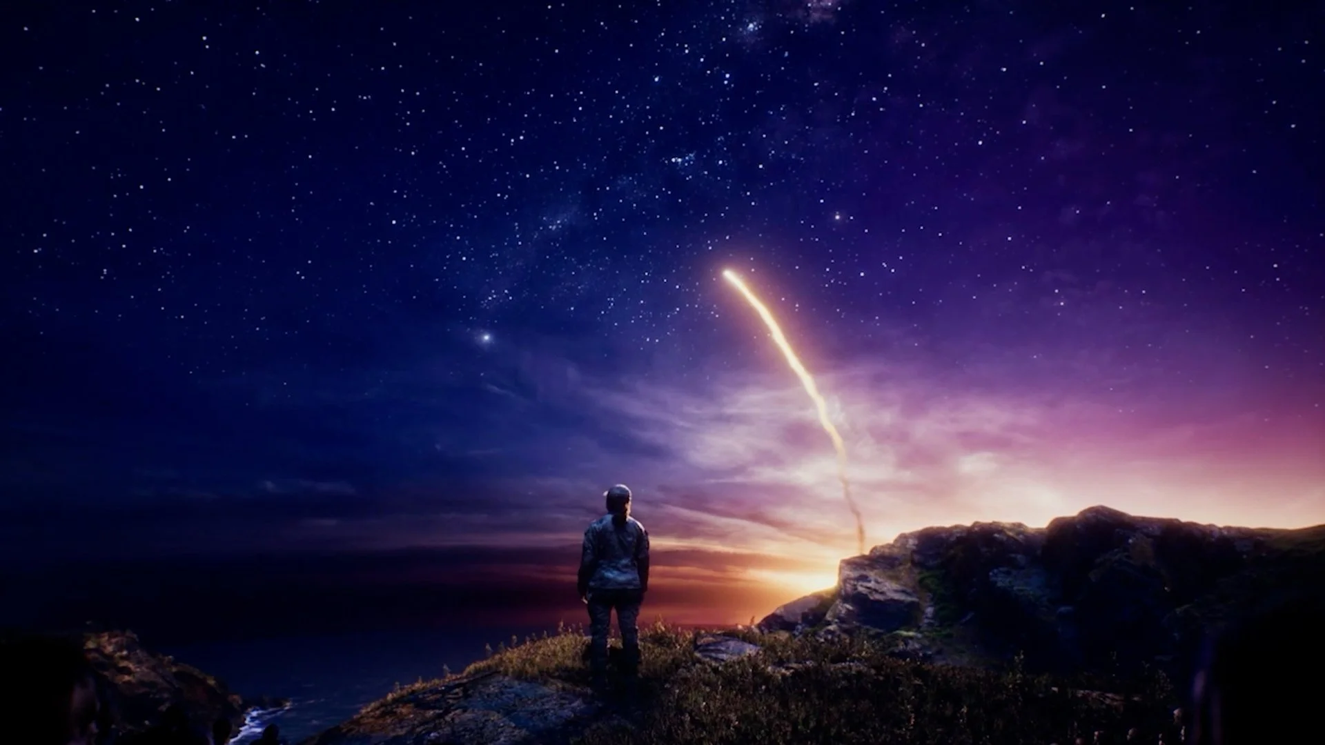 Scene from the Always Above planetarium film showing a person watching a launch under a night sky
