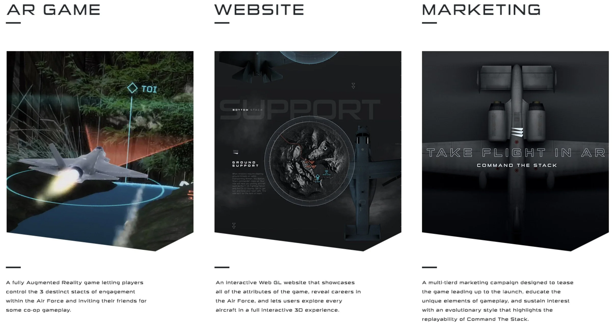 Overview of U.S. Air Force Command the Stack campaign including augmented reality gameplay, interactive website experience, and marketing creative