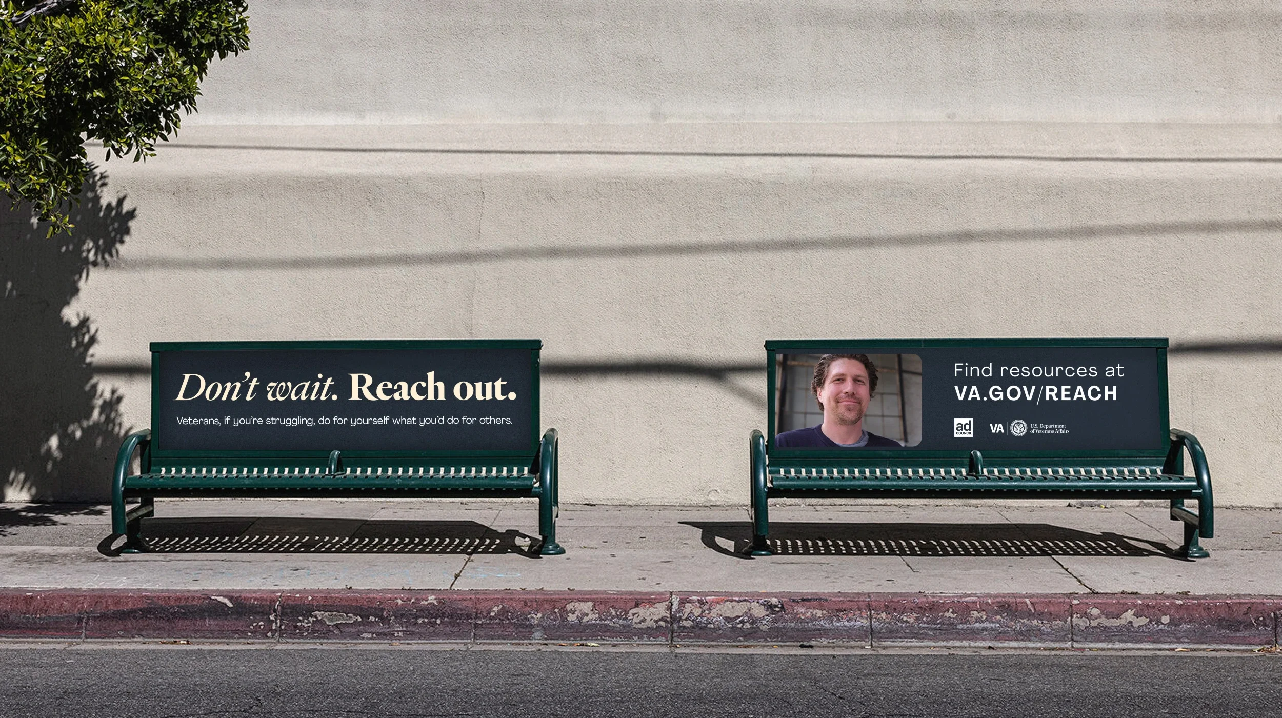 Street bench ads for the VA and Ad Council veterans mental health awareness campaign