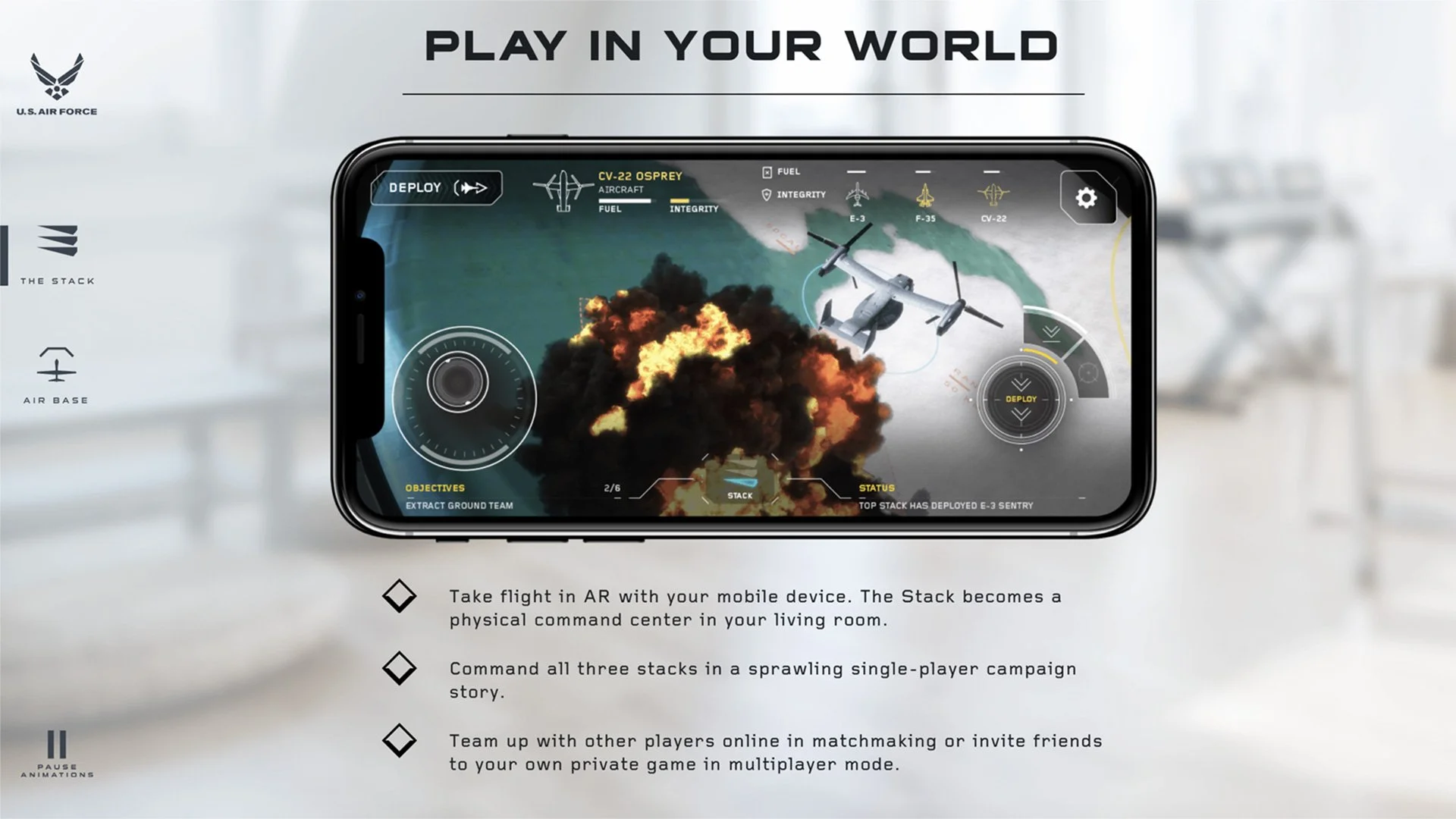 Mobile gameplay view of the U.S. Air Force Command the Stack augmented reality air combat game