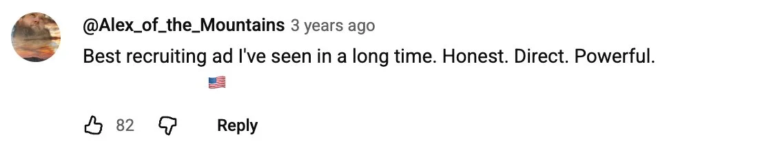 Multiple YouTube comments praising the ad as powerful, effective, and inspiring interest in military service.