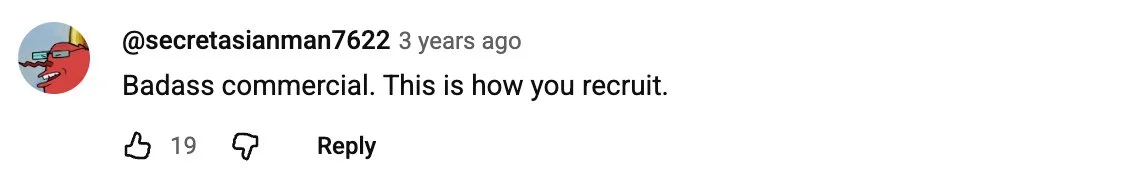 Multiple YouTube comments praising the ad as powerful, effective, and inspiring interest in military service.