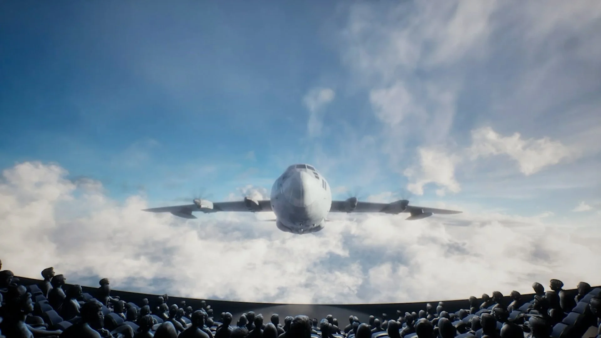 Scene from the Always Above immersive planetarium film showing an aircraft flying above clouds as viewed inside a dome theater