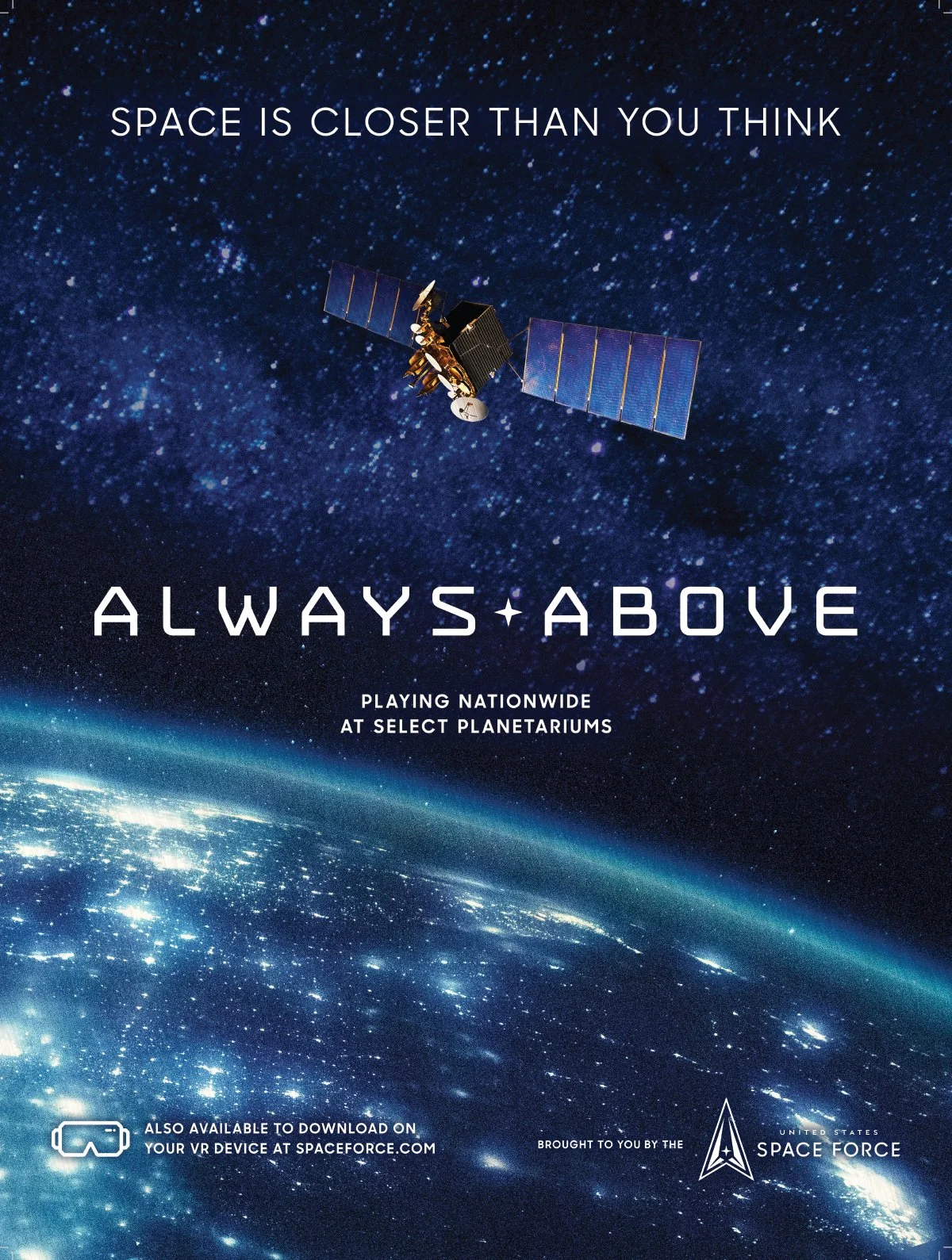 Promotional poster for the Always Above immersive planetarium film featuring Earth, a satellite, and the night sky