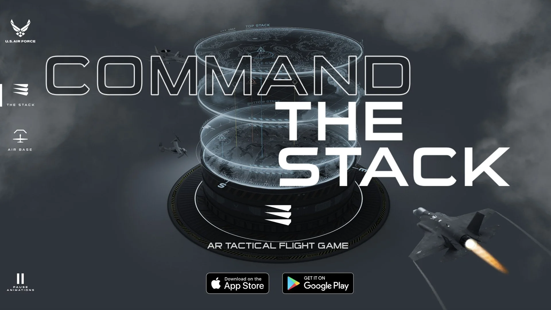 U.S. Air Force Command the Stack augmented reality tactical air combat game interface with holographic mission map and aircraft