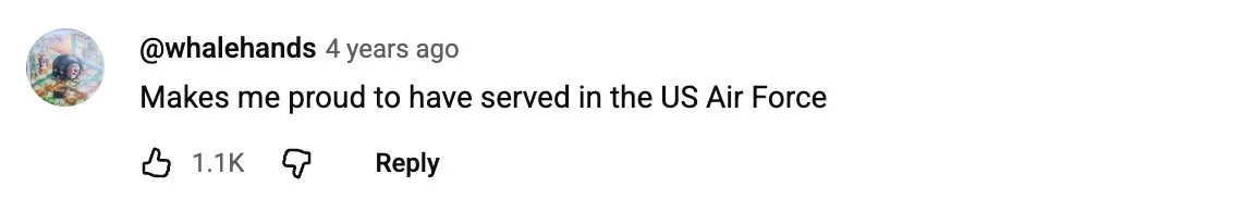 Multiple YouTube comments praising the ad as powerful, effective, and inspiring interest in military service.
