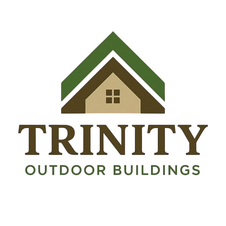 Logo for Trinity Outdoor Buildings featuring a green-roofed cabin with a small window, and the text "TRINITY OUTDOOR BUILDINGS" below in brown and green.