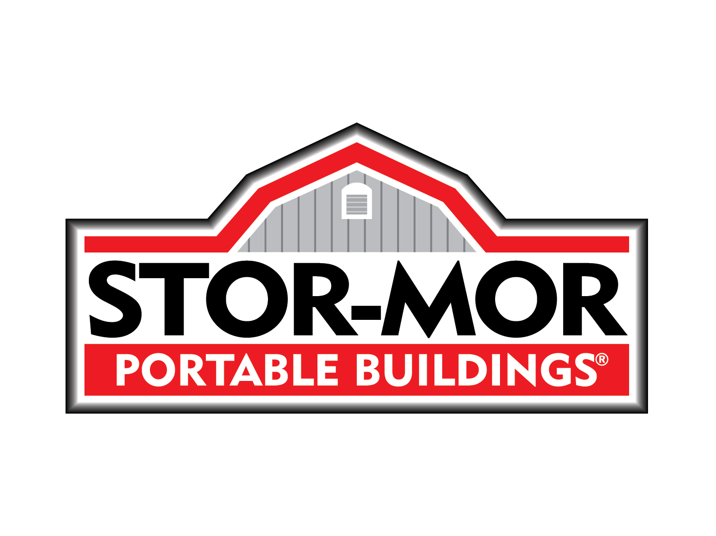 Logo for Stor-Mor Portable Buildings featuring a house with a metal roof, and text 'STOR-MOR PORTABLE BUILDINGS' in bold black and red letters.