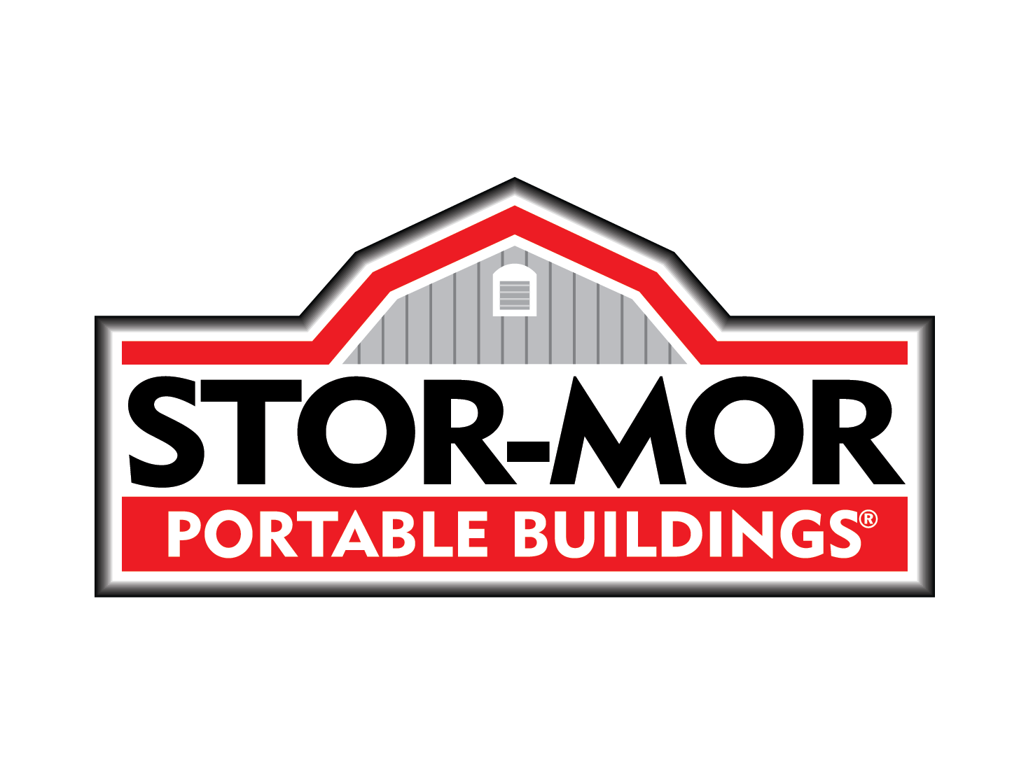 Logo of Storm-Mor Portable Buildings featuring a building outline with a red roof and gray siding, and text 'Storm-Mor Portable Buildings' in black and red.