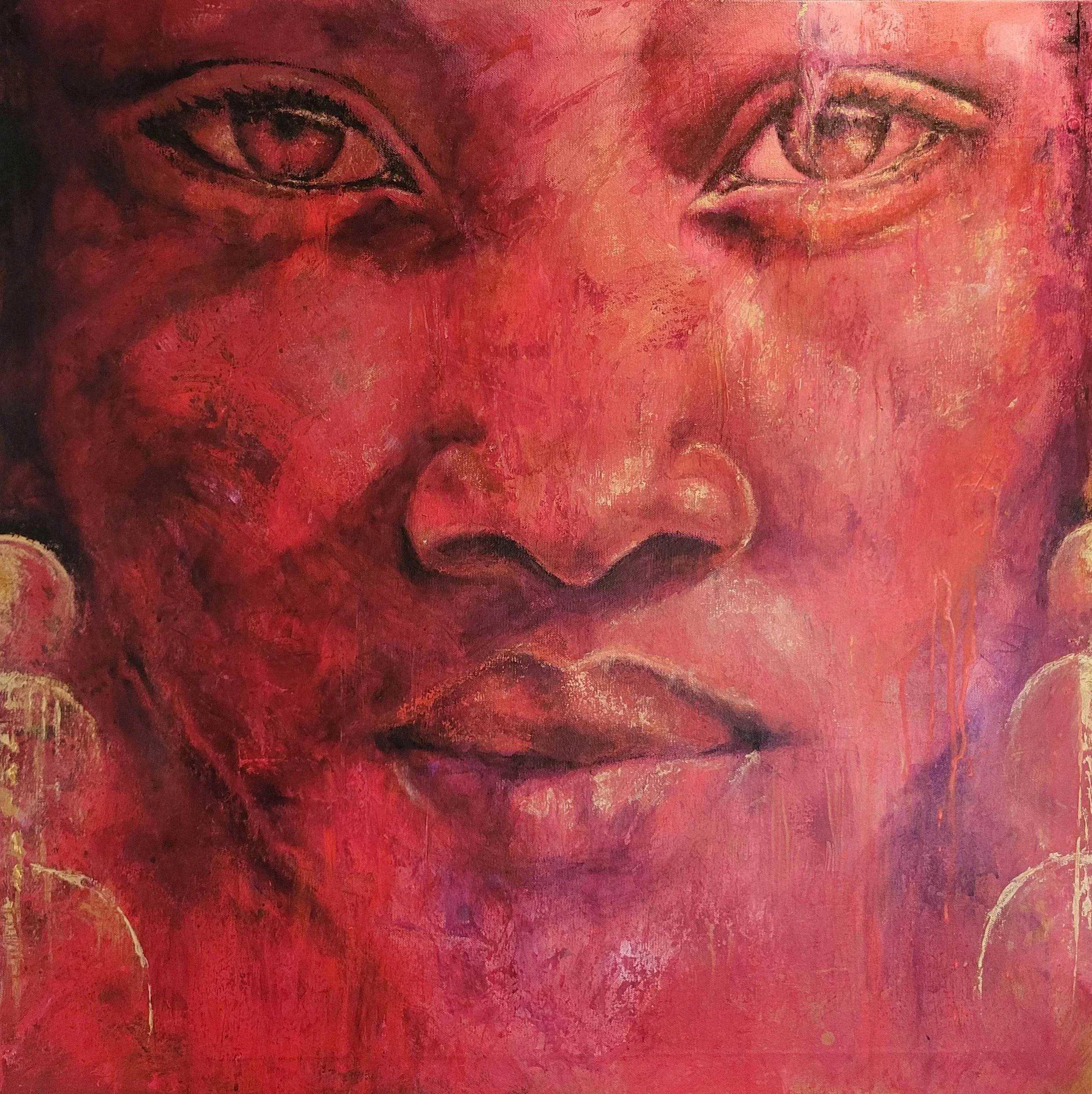 RED IRIS . 2024 . ACRYLIC ON CANVAS IN FOATING BLACK FRAME . 32x32"