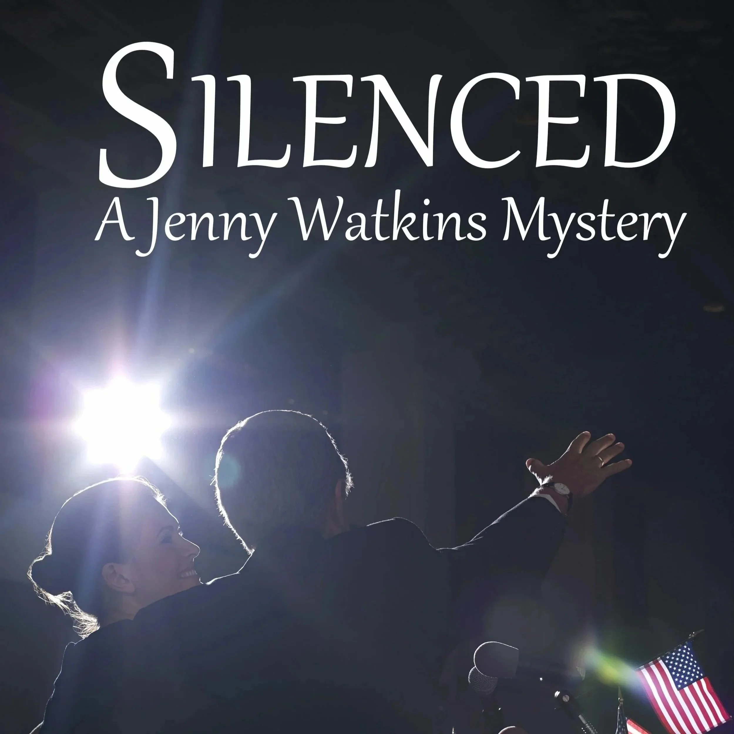 Silenced book cover showing politician giving speech at night with spotlight and American flag