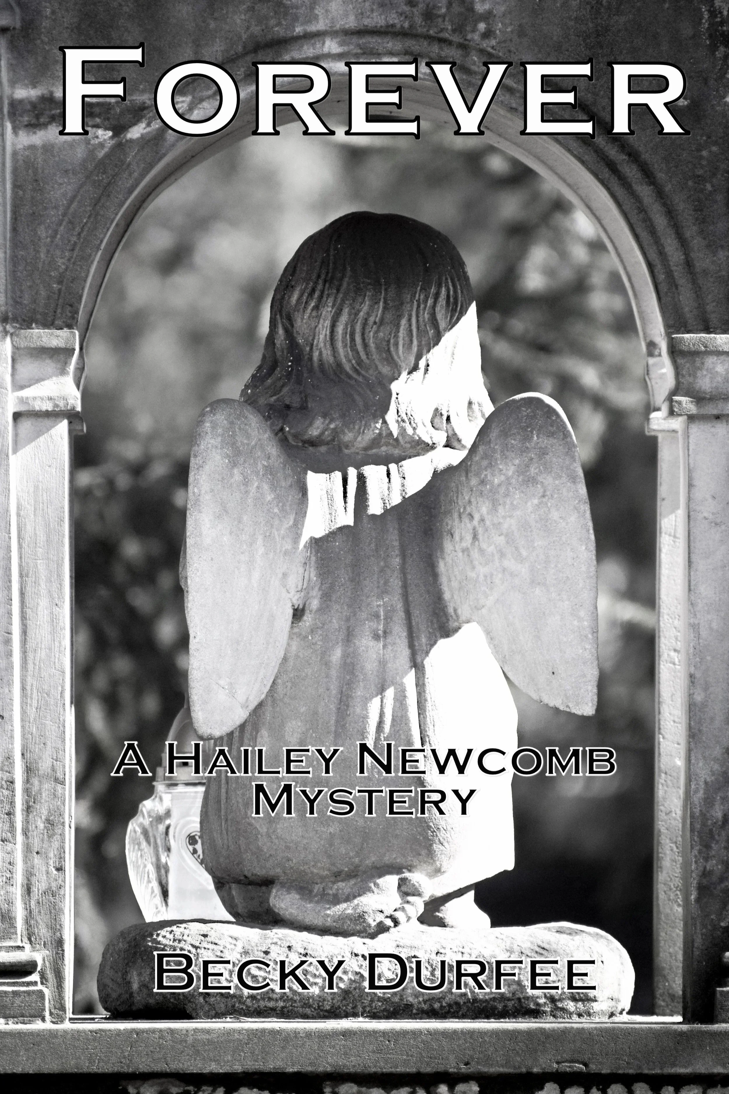 Forever book cover in black and white showing a the back of an angel statue in concrete