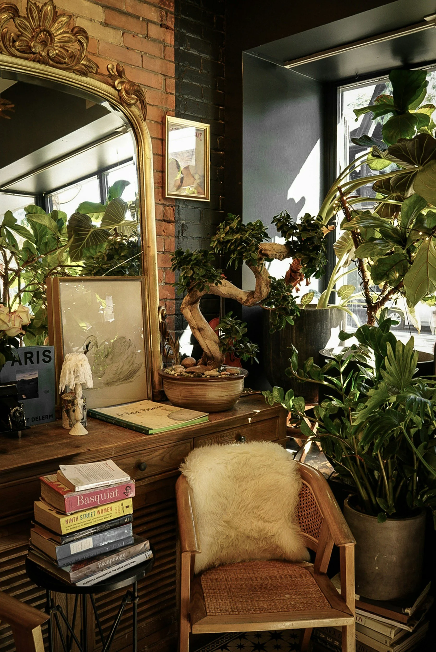 Indoor corner with wood furniture, green houseplants, a vintage mirror, framed artworks, a sheepskin pillow, and stacked books.