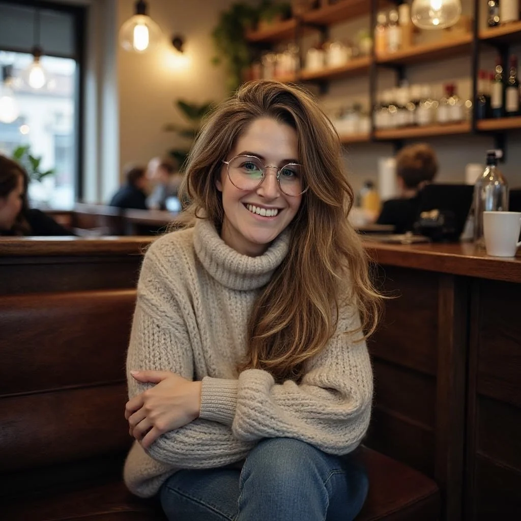 A woman with long, wavy hair, wearing glasses and a beige turtleneck sweater, smiling while sitting in a cozy cafe.