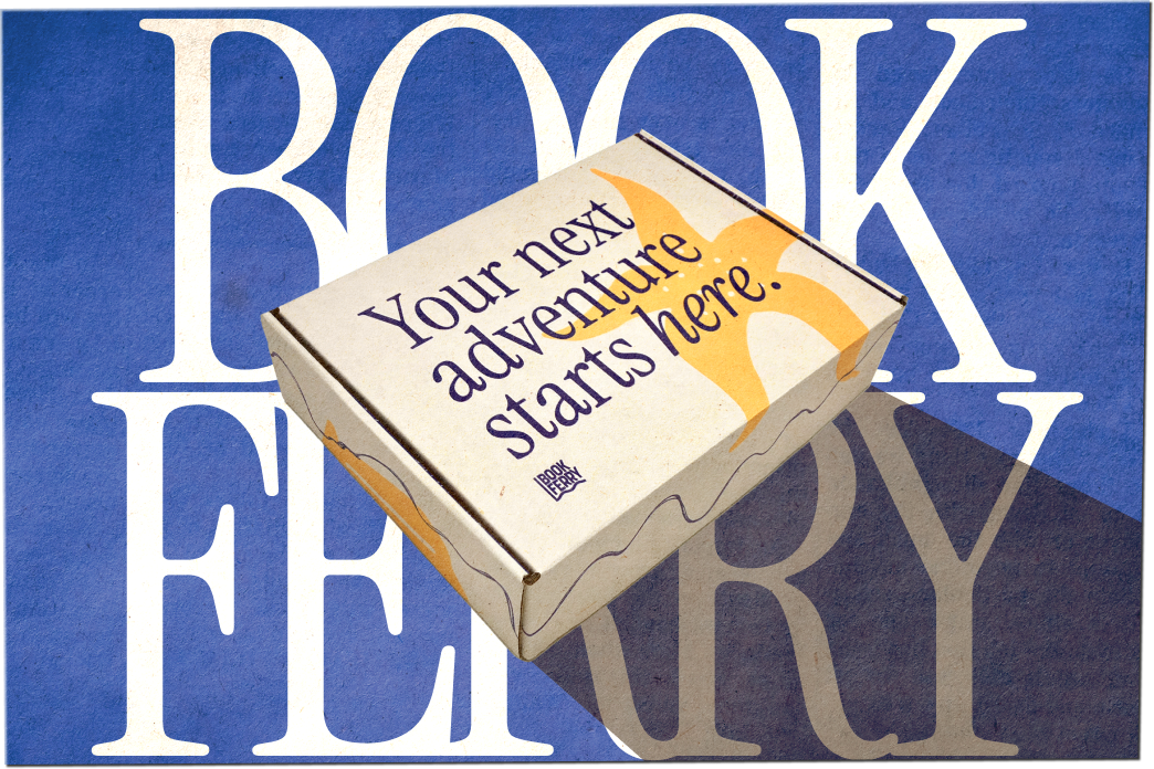 A closed mailer box with "Your next adventure starts here" printed on top, layered over text reading "Book Ferry."