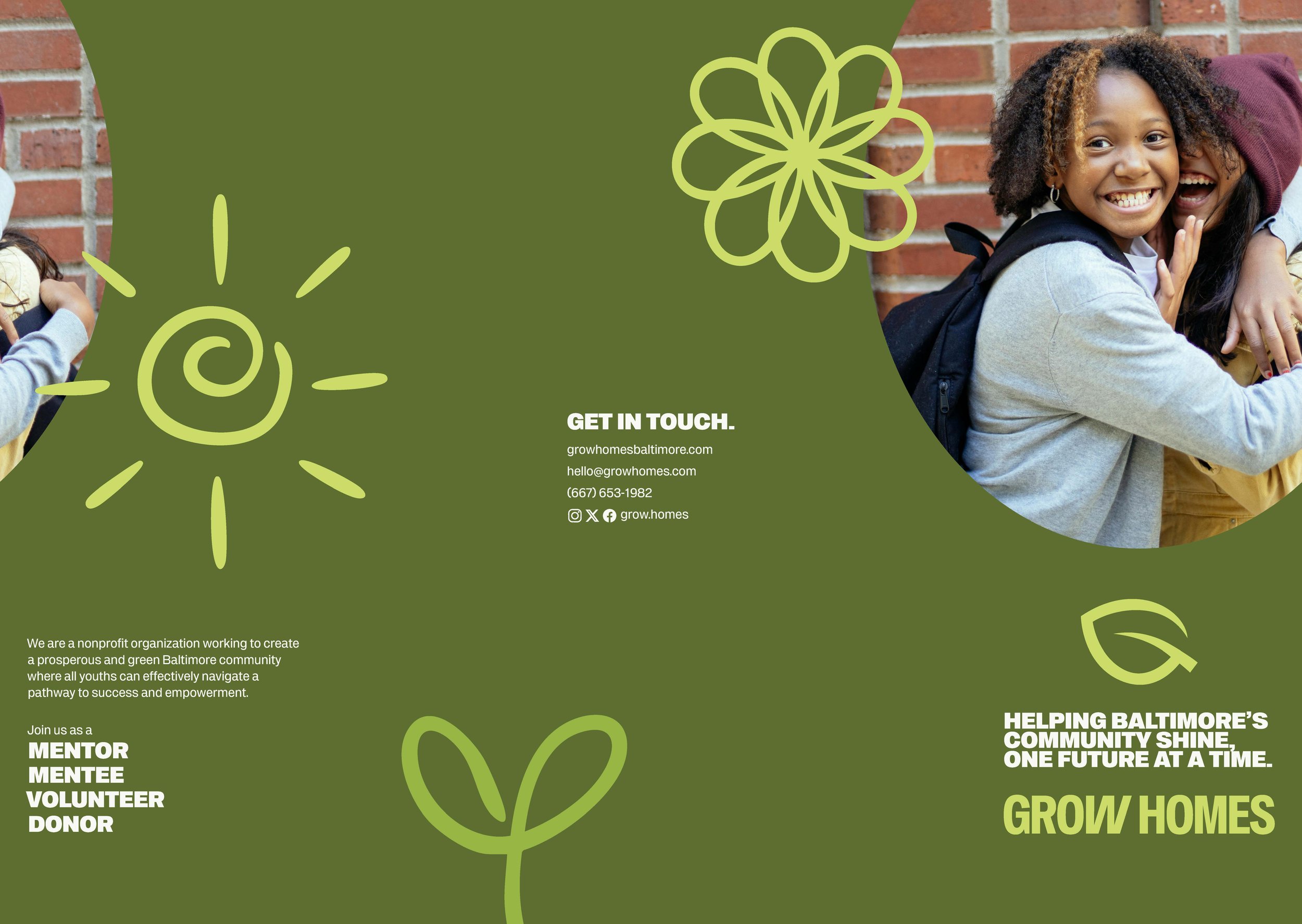 A group of diverse children smiling and hugging against a brick wall, with a green overlay and flower graphics, encouraging community involvement.
