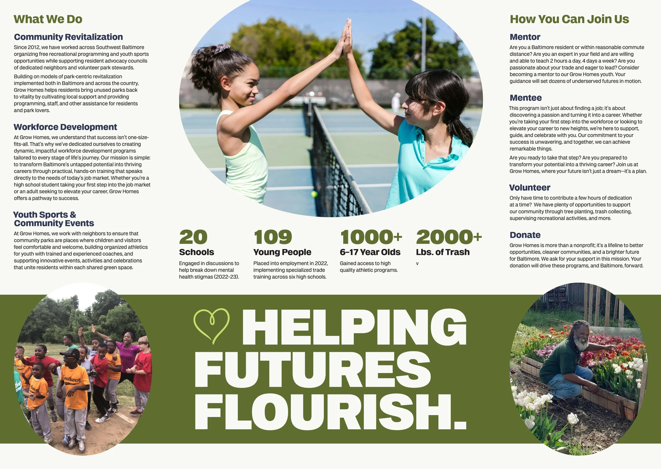 Brochure featuring people playing tennis on outdoor court, high five between two young girls, surrounded by trees and blue sky. Large text in the center reads "HELPING FUTURES FLOURISH" while the brochure goes into detail about Grow Homes.