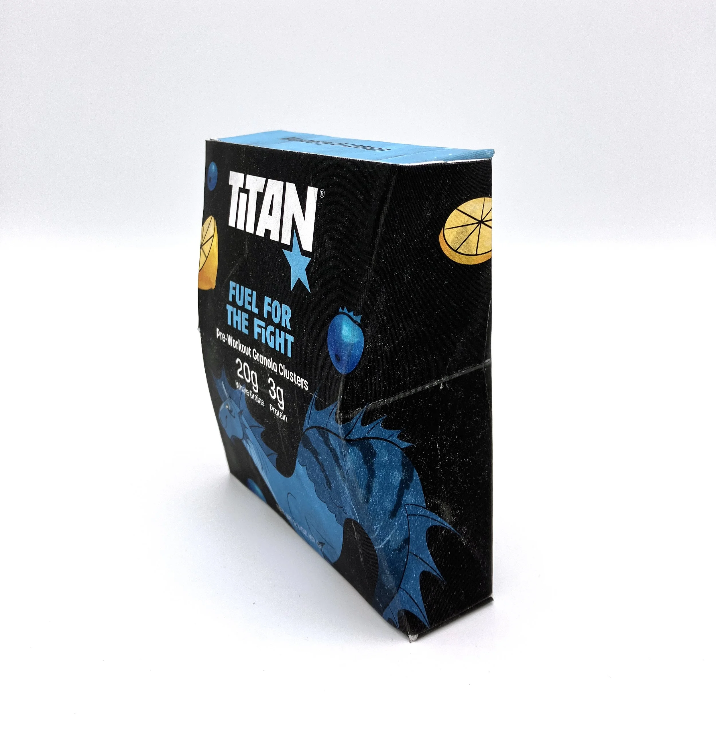 Quarter view of hippocamp, pre-workout granola packaging.