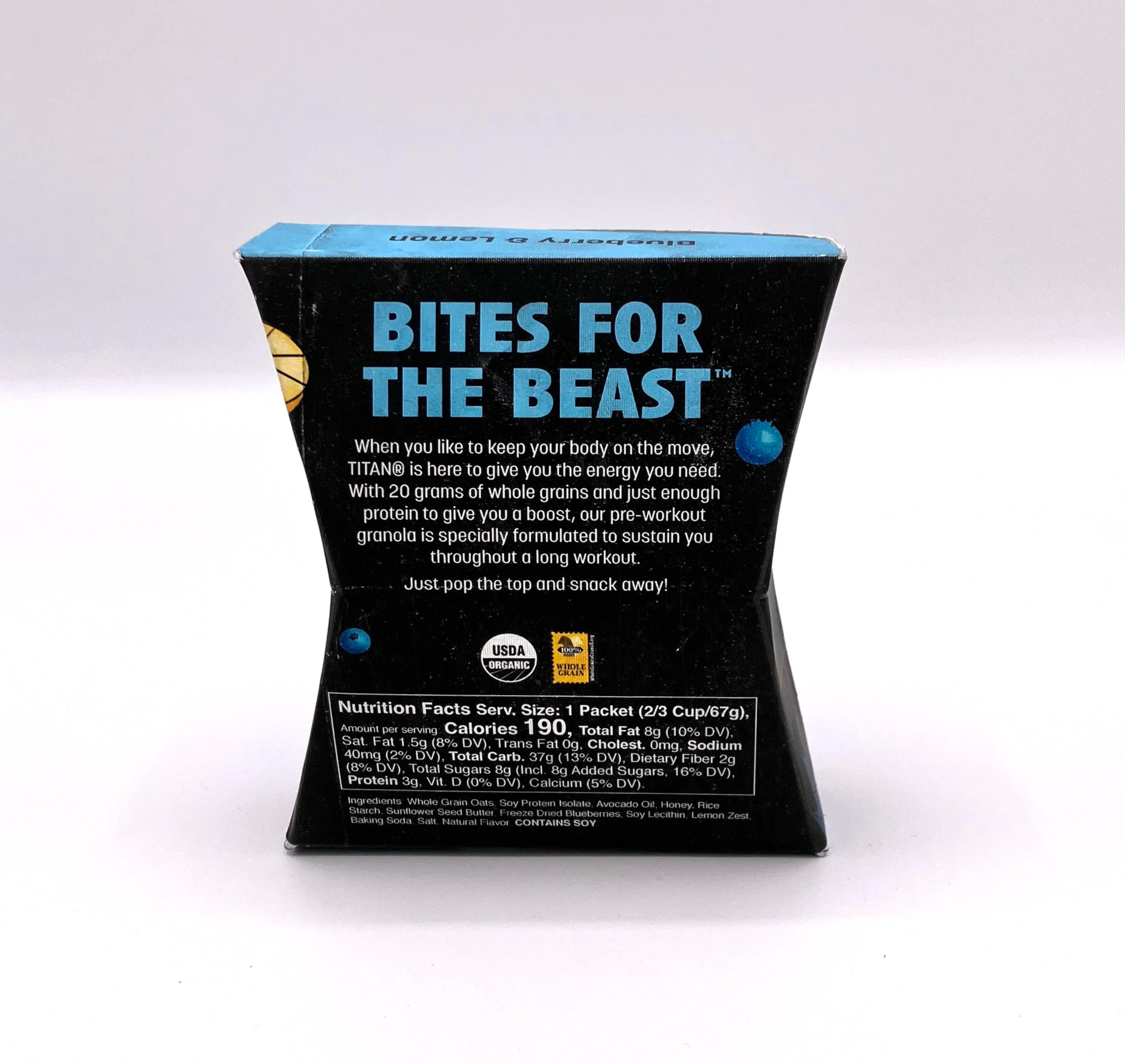 Back of hippocamp, pre-workout granola packaging.