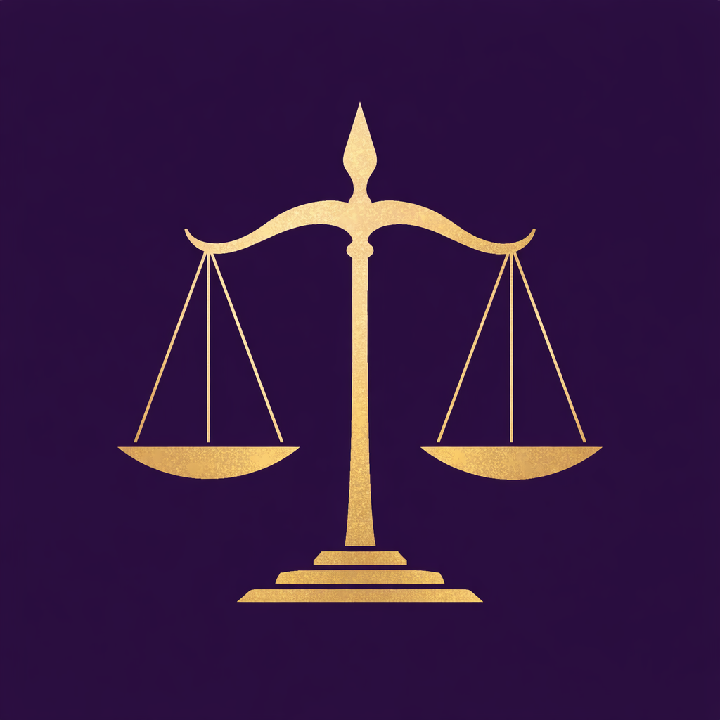 Gold scales of justice on a purple background.